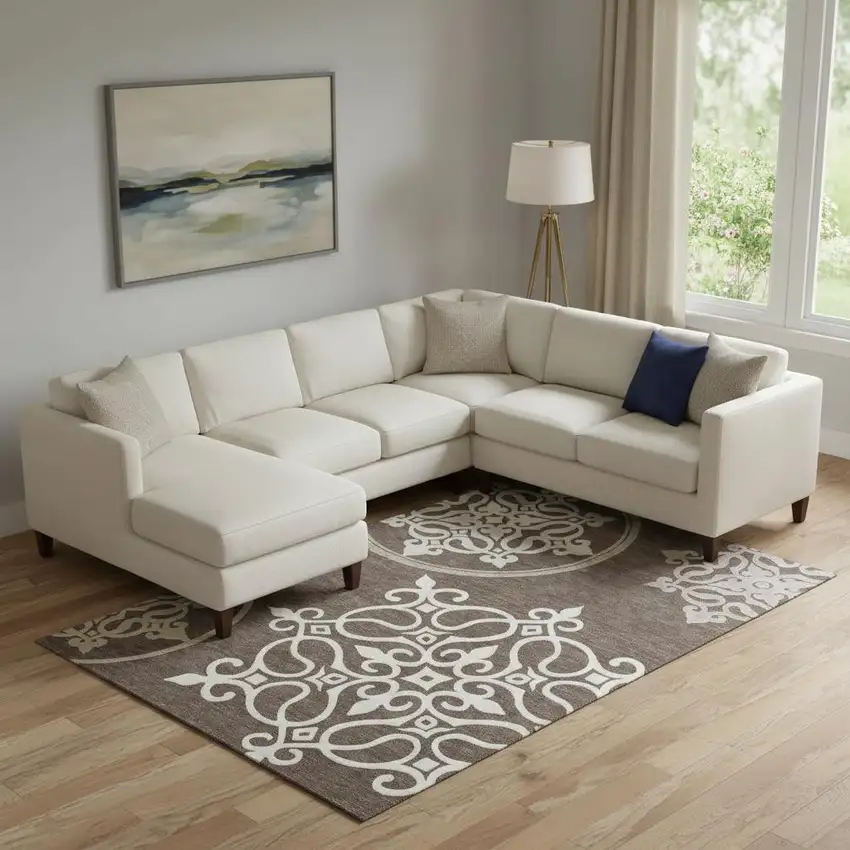 Chocolate And Ivory Floral Medallion Washable Area Rug With UV Protection Photo 1