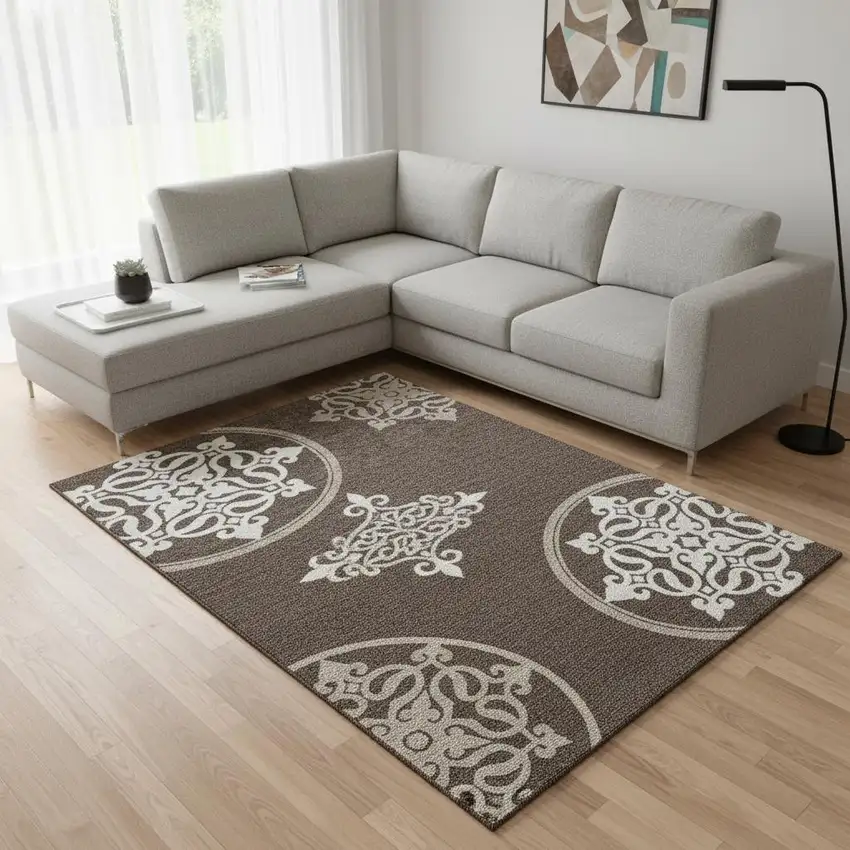 Chocolate And Ivory Floral Medallion Washable Area Rug With UV Protection Photo 2