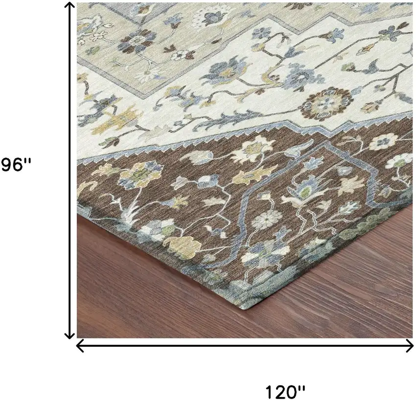 Chocolate And Ivory Floral Medallion Washable Indoor Outdoor Area Rug Photo 7