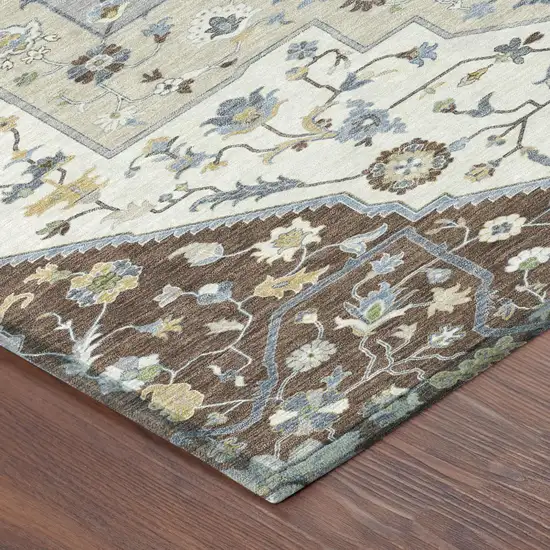 Chocolate And Ivory Floral Medallion Washable Indoor Outdoor Area Rug Photo 2