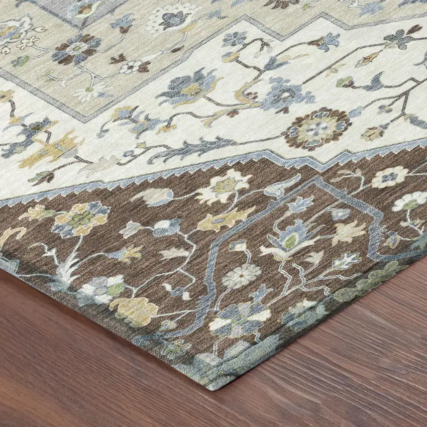 Chocolate And Ivory Floral Medallion Washable Indoor Outdoor Area Rug Photo 2