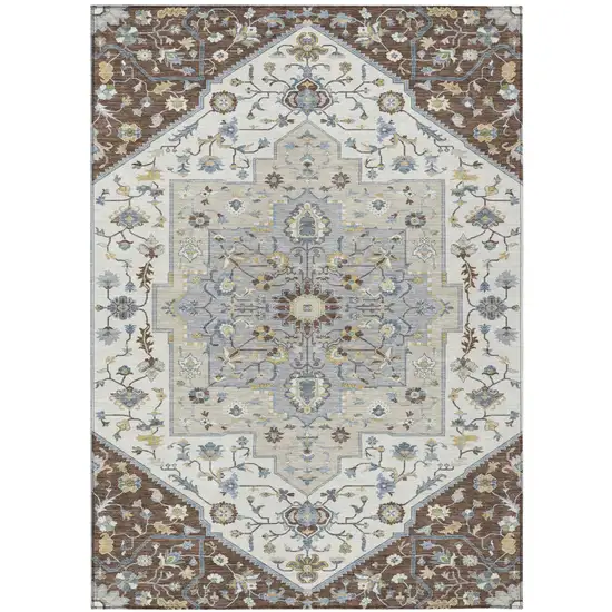 Chocolate And Ivory Floral Medallion Washable Indoor Outdoor Area Rug Photo 5