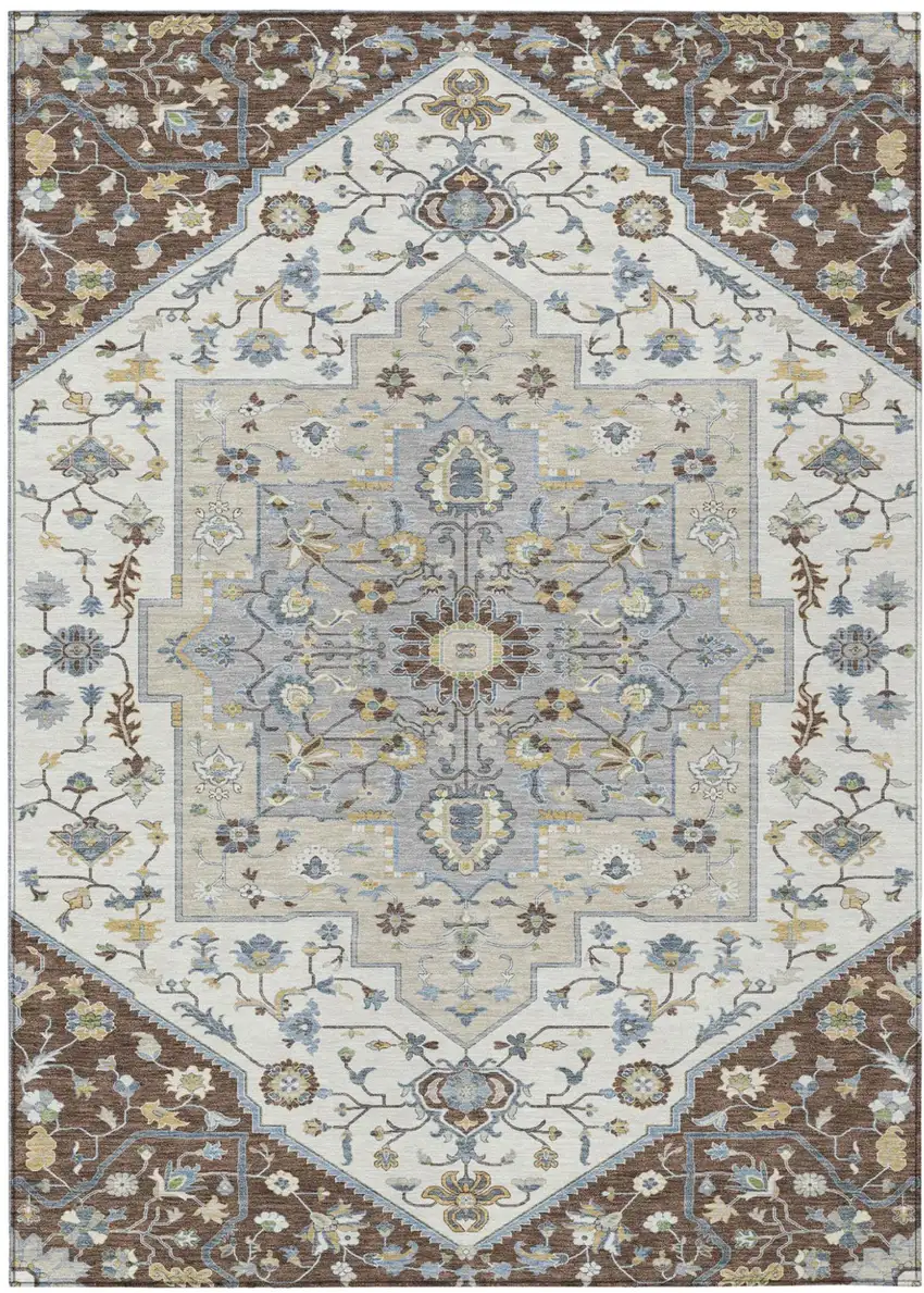 Chocolate And Ivory Floral Medallion Washable Indoor Outdoor Area Rug Photo 5