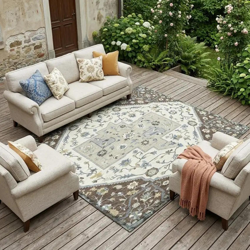 Chocolate And Ivory Floral Medallion Washable Indoor Outdoor Area Rug Photo 1