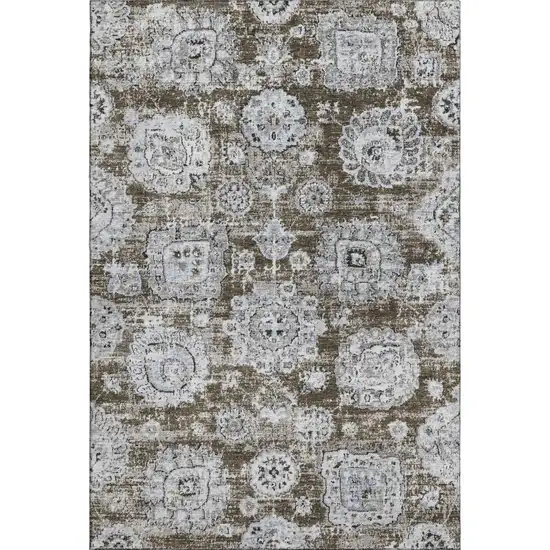 Chocolate And Ivory Floral Washable Area Rug With UV Protection Photo 1