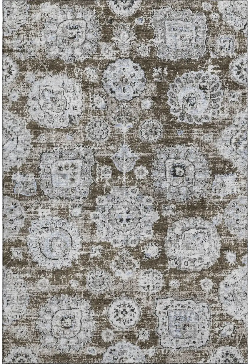 Chocolate And Ivory Floral Washable Area Rug With UV Protection Photo 1