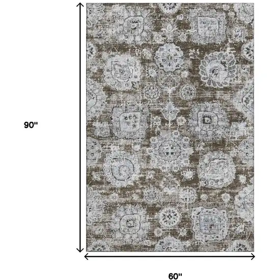 Chocolate And Ivory Floral Washable Area Rug With UV Protection Photo 3