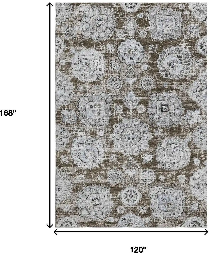 Chocolate And Ivory Floral Washable Area Rug With UV Protection Photo 3