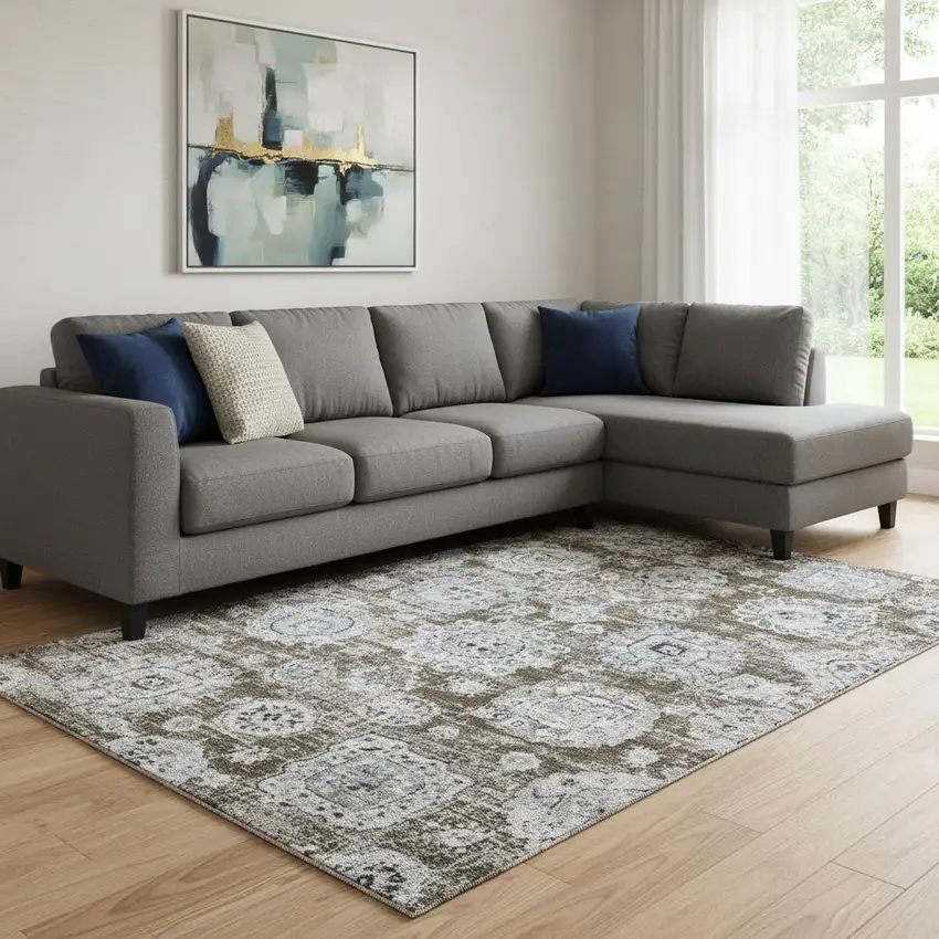 Chocolate And Ivory Floral Washable Area Rug With UV Protection Photo 1