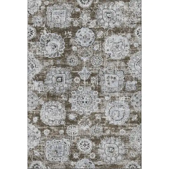 Chocolate And Ivory Floral Washable Area Rug With UV Protection Photo 3