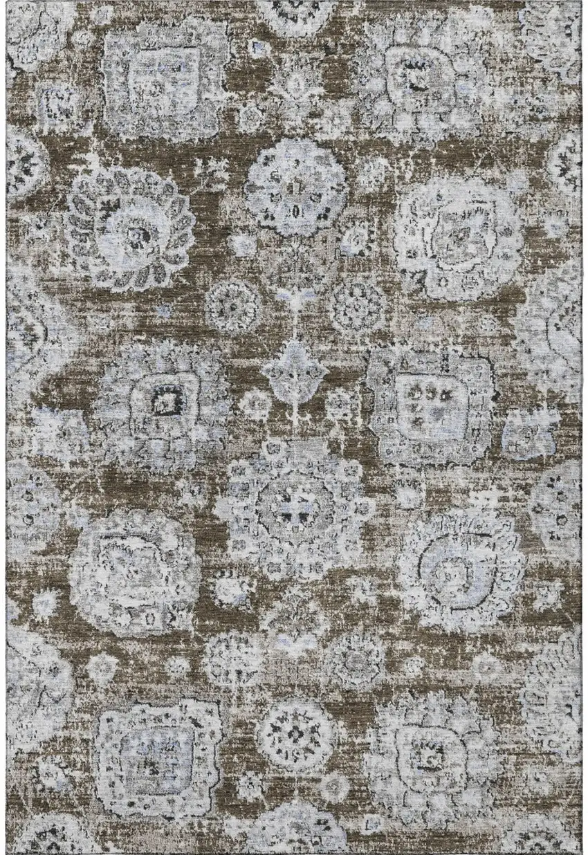 Chocolate And Ivory Floral Washable Area Rug With UV Protection Photo 3