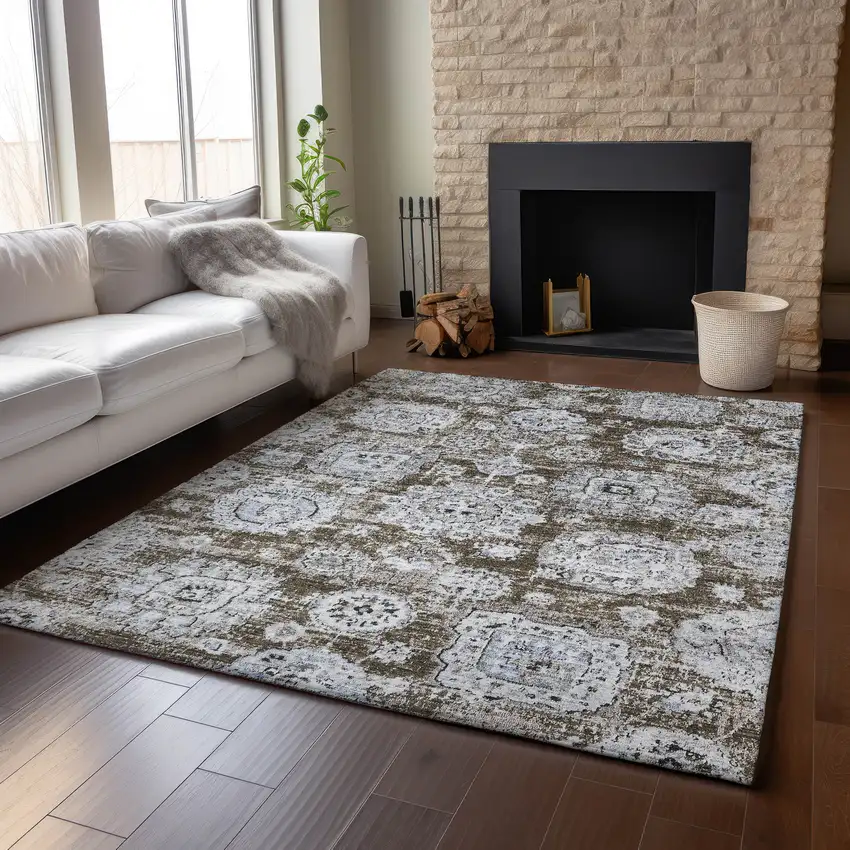 Chocolate And Ivory Floral Washable Area Rug With UV Protection Photo 5