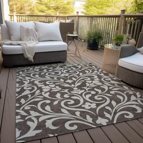 Chocolate And Ivory Floral Washable Indoor Outdoor Area Rug Photo 9