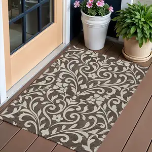 Photo of Chocolate And Ivory Floral Washable Indoor Outdoor Area Rug