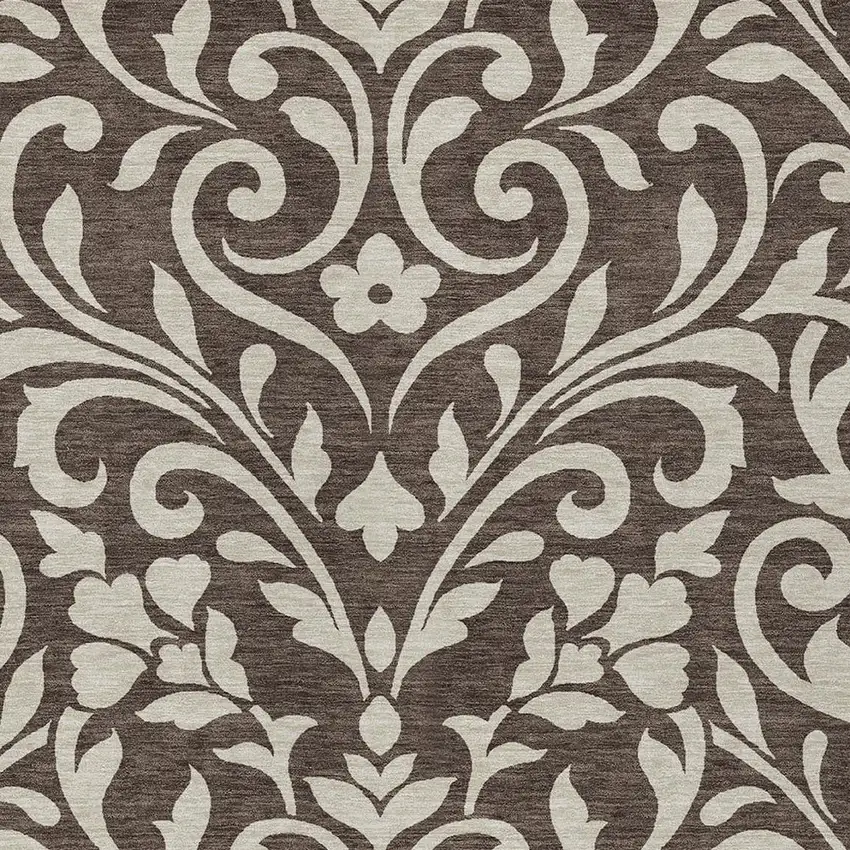 Chocolate And Ivory Floral Washable Indoor Outdoor Area Rug Photo 6