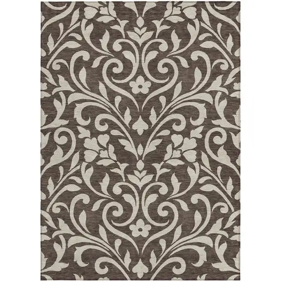 Chocolate And Ivory Floral Washable Indoor Outdoor Area Rug Photo 7
