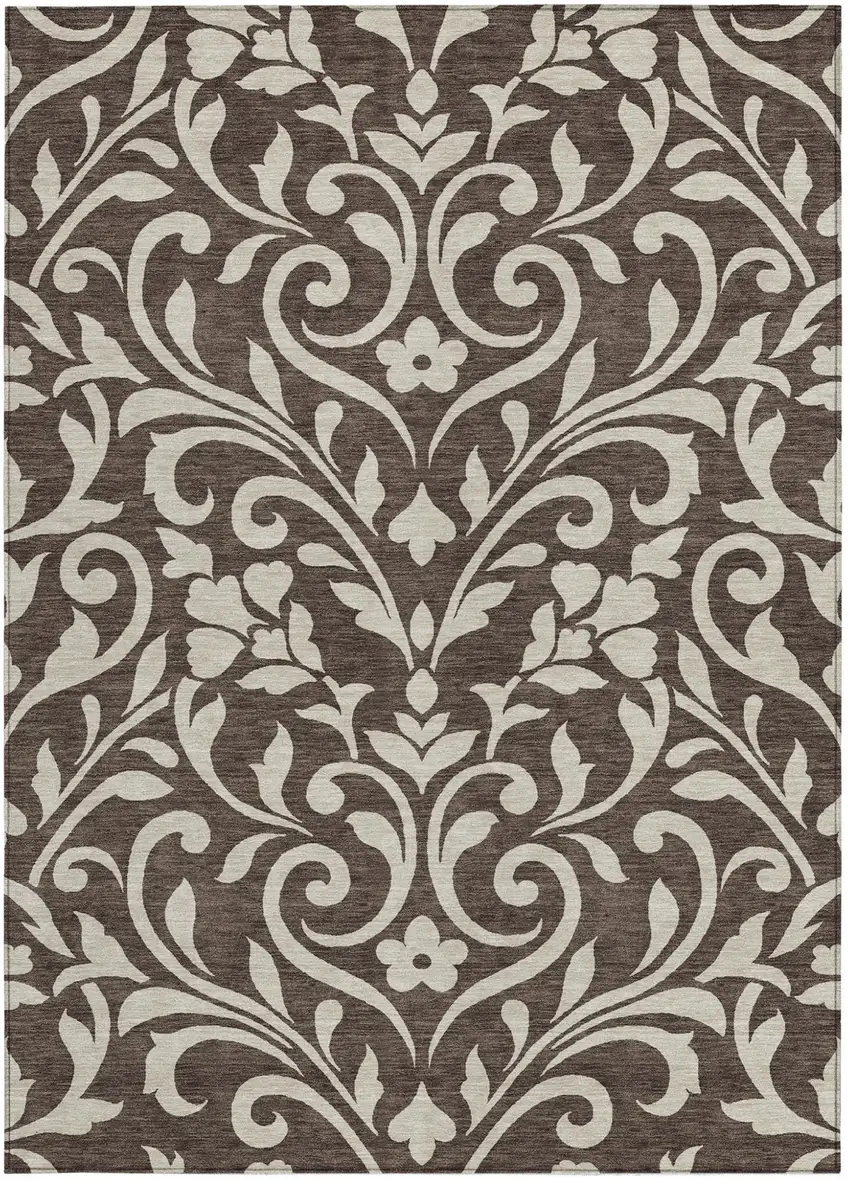 Chocolate And Ivory Floral Washable Indoor Outdoor Area Rug Photo 7