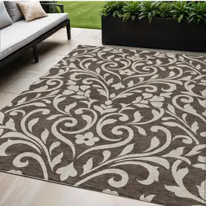 Photo of Chocolate And Ivory Floral Washable Indoor Outdoor Area Rug
