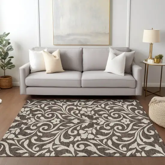 Chocolate And Ivory Floral Washable Indoor Outdoor Area Rug Photo 9