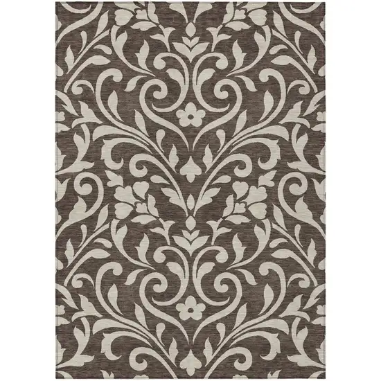 Chocolate And Ivory Floral Washable Indoor Outdoor Area Rug Photo 2