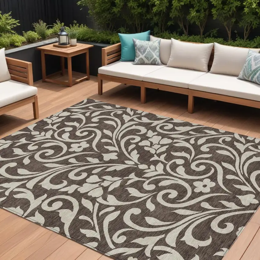 Chocolate And Ivory Floral Washable Indoor Outdoor Area Rug Photo 1