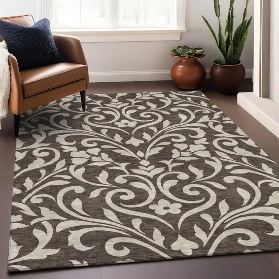 Chocolate And Ivory Floral Washable Indoor Outdoor Area Rug Photo 9