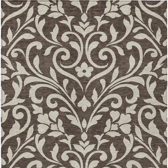 Chocolate And Ivory Floral Washable Indoor Outdoor Area Rug Photo 7
