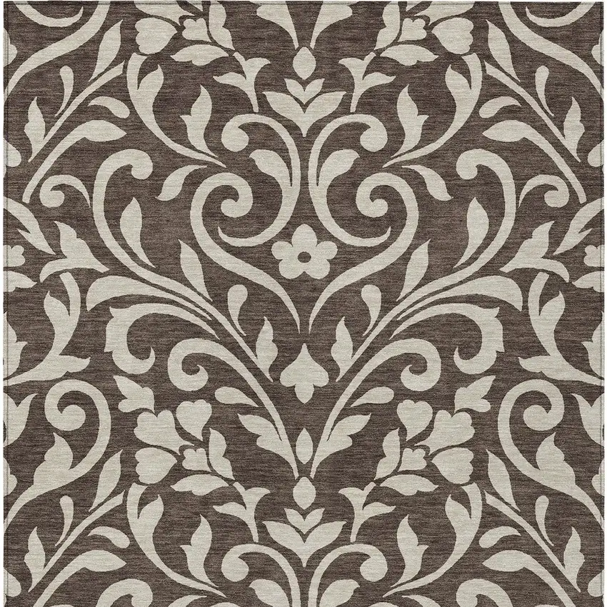 Chocolate And Ivory Floral Washable Indoor Outdoor Area Rug Photo 7