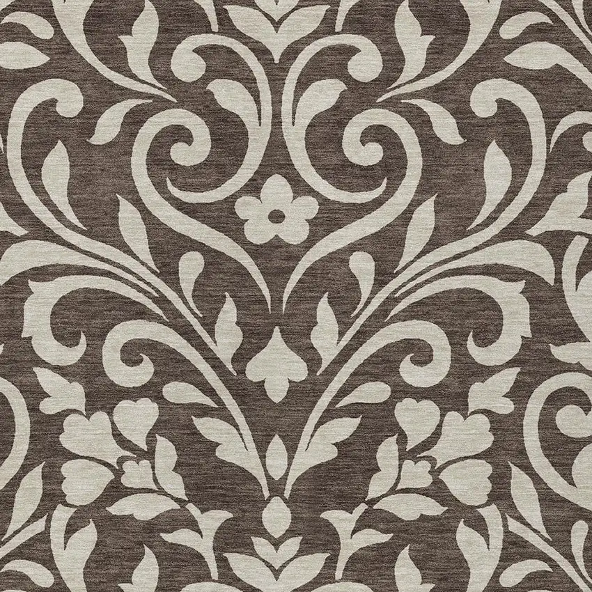 Chocolate And Ivory Floral Washable Indoor Outdoor Area Rug Photo 6