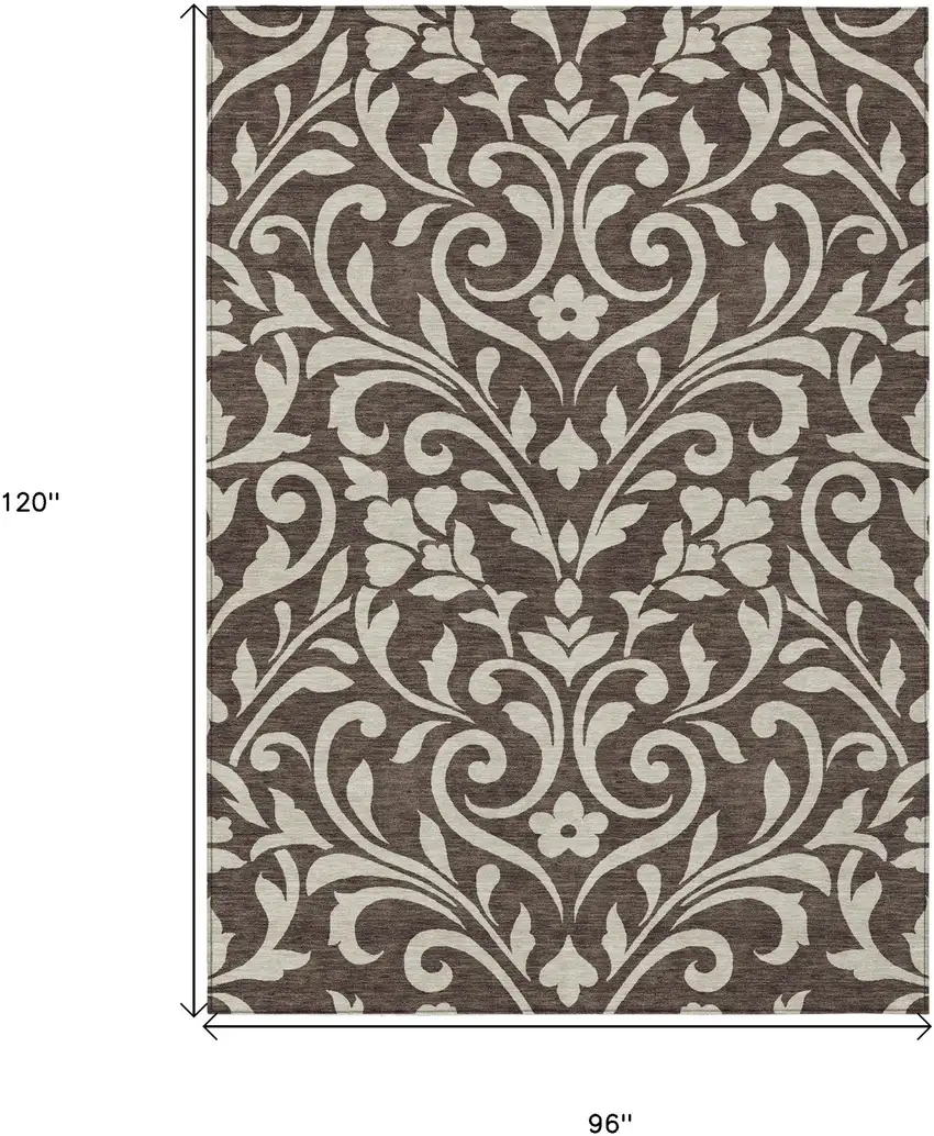 Chocolate And Ivory Floral Washable Indoor Outdoor Area Rug Photo 3