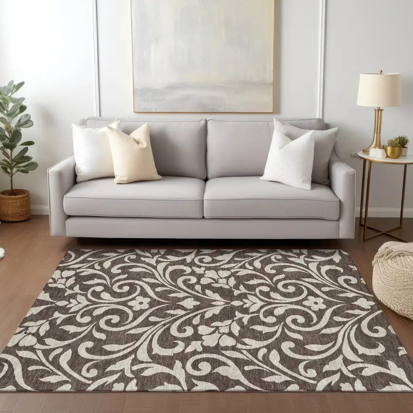 Chocolate And Ivory Floral Washable Indoor Outdoor Area Rug Photo 9