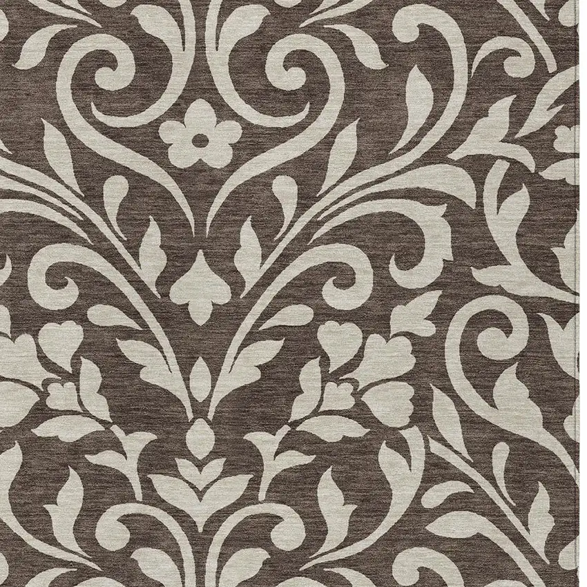 Chocolate And Ivory Floral Washable Indoor Outdoor Area Rug Photo 6