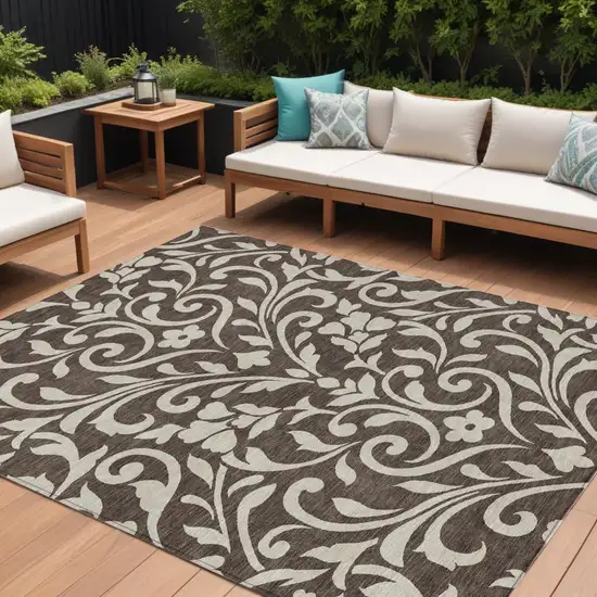 Chocolate And Ivory Floral Washable Indoor Outdoor Area Rug Photo 1