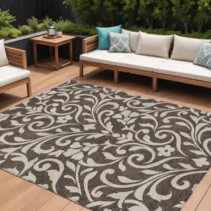 Photo of Chocolate And Ivory Floral Washable Indoor Outdoor Area Rug