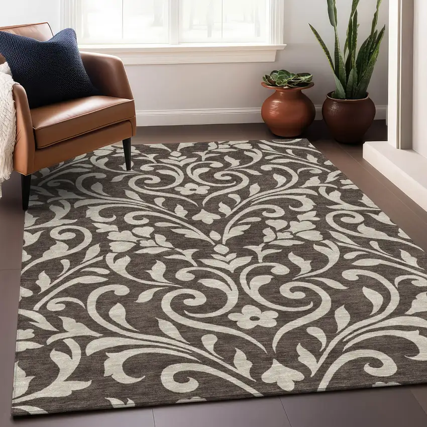 Chocolate And Ivory Floral Washable Indoor Outdoor Area Rug Photo 9