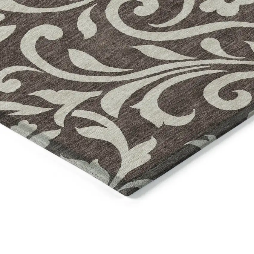 Chocolate And Ivory Floral Washable Indoor Outdoor Area Rug Photo 4