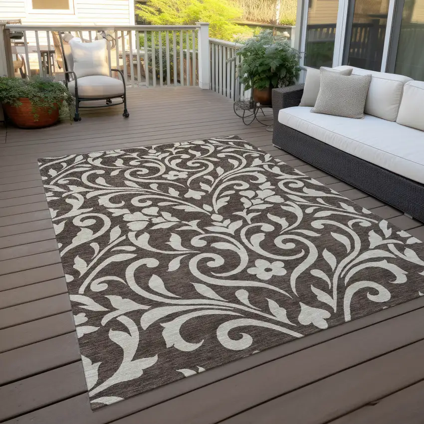 Chocolate And Ivory Floral Washable Indoor Outdoor Area Rug Photo 8
