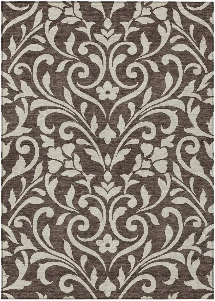 Chocolate And Ivory Floral Washable Indoor Outdoor Area Rug Photo 2