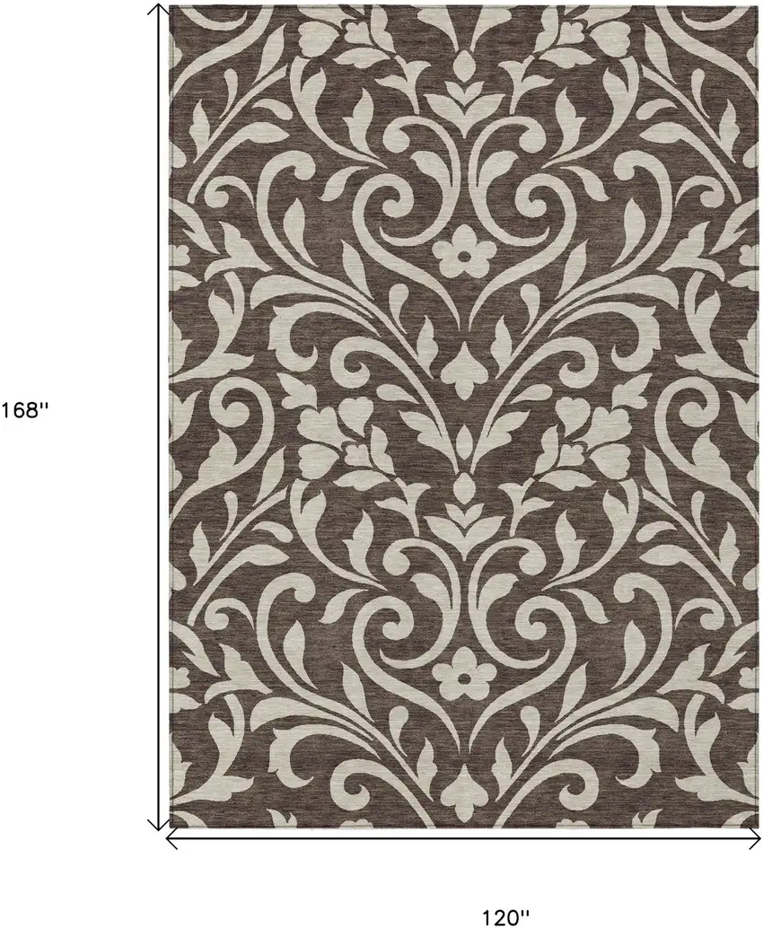 Chocolate And Ivory Floral Washable Indoor Outdoor Area Rug Photo 3