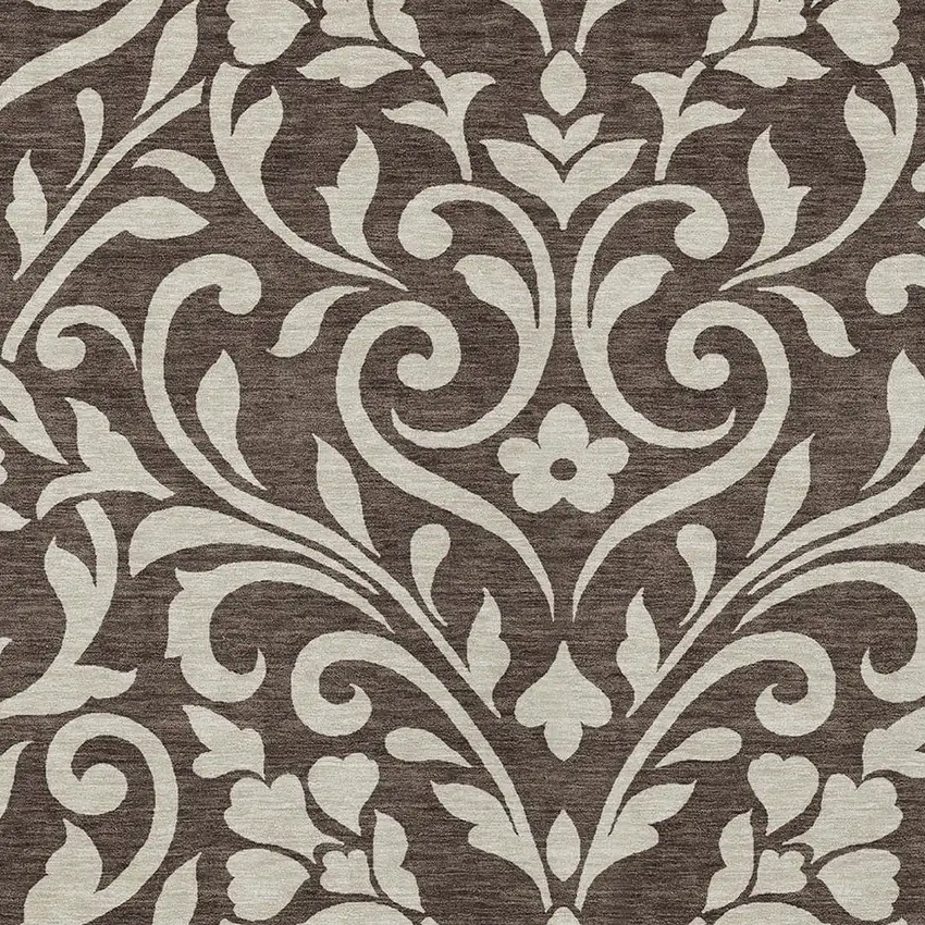 Chocolate And Ivory Floral Washable Indoor Outdoor Area Rug Photo 6