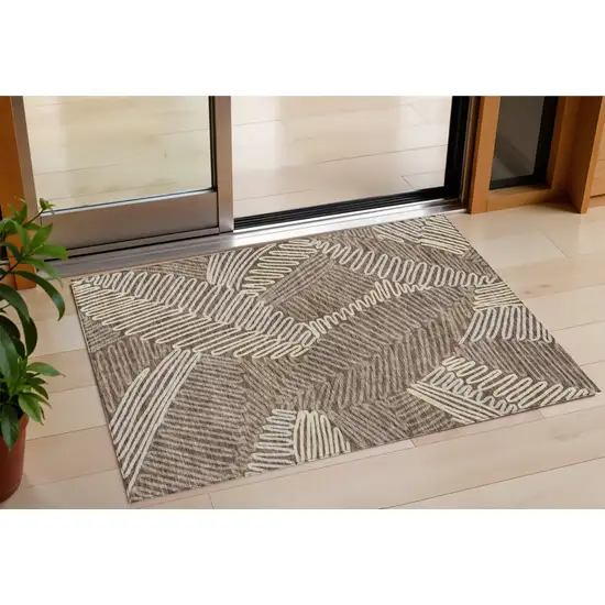 Chocolate And Ivory Floral Washable Indoor Outdoor Area Rug Photo 1