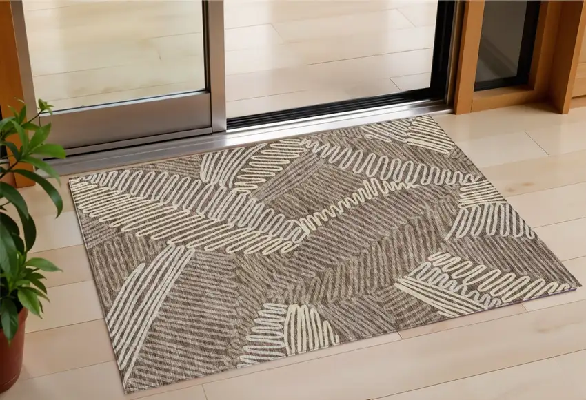 Chocolate And Ivory Floral Washable Indoor Outdoor Area Rug Photo 1