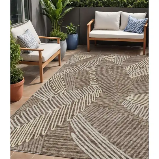 Chocolate And Ivory Floral Washable Indoor Outdoor Area Rug Photo 1