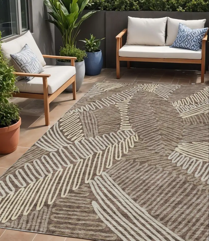 Chocolate And Ivory Floral Washable Indoor Outdoor Area Rug Photo 1
