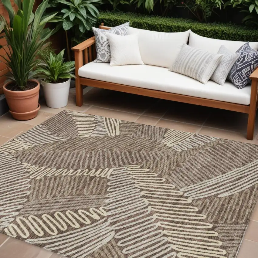 Chocolate And Ivory Floral Washable Indoor Outdoor Area Rug Photo 1