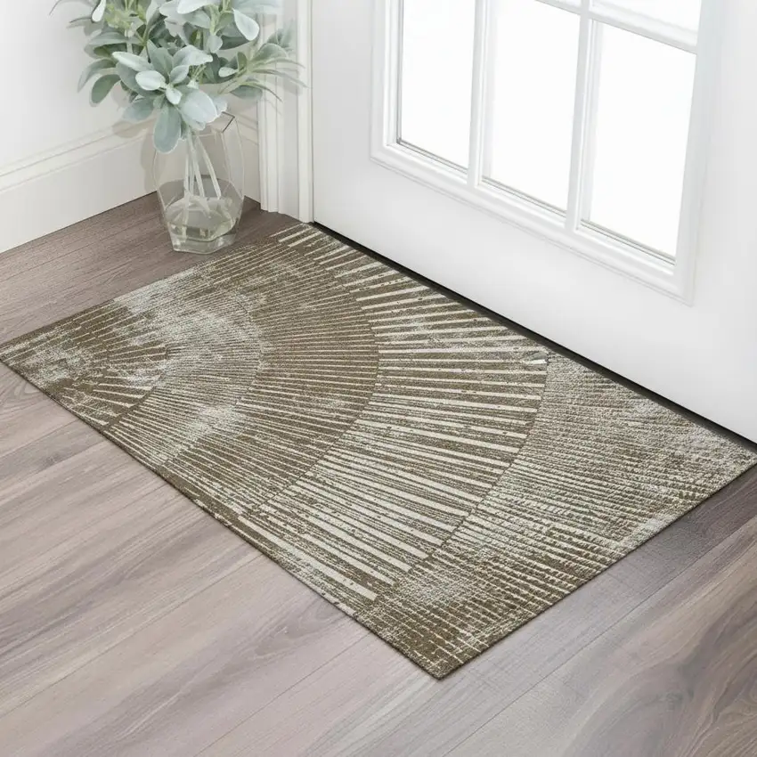 Chocolate And Ivory Geometric Washable Area Rug With UV Protection Photo 1