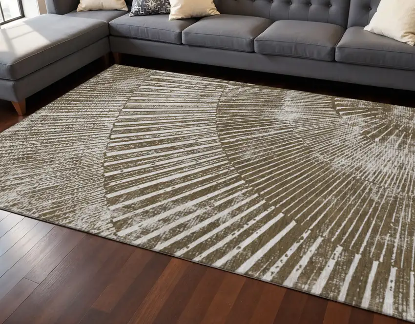 Chocolate And Ivory Geometric Washable Area Rug With UV Protection Photo 2