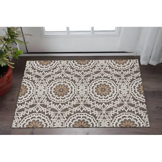 Chocolate And Ivory Geometric Washable Area Rug With UV Protection Photo 2
