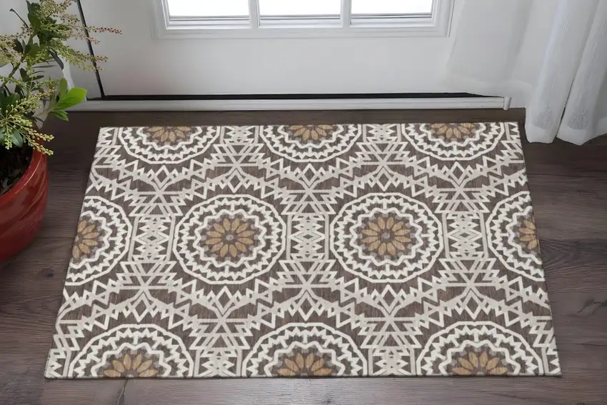 Chocolate And Ivory Geometric Washable Area Rug With UV Protection Photo 2