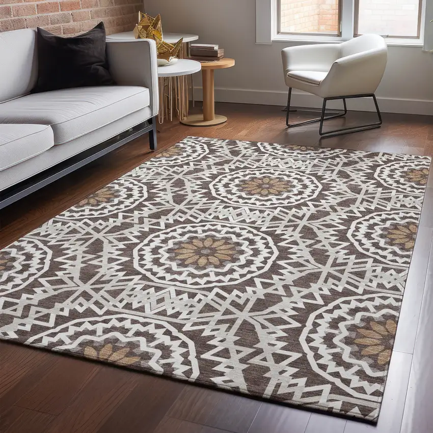 Chocolate And Ivory Geometric Washable Area Rug With UV Protection Photo 6